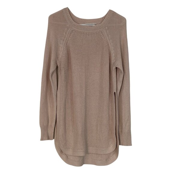 RD Style Sweater Beige / Pink  Knit Tunic Top Blouse Tan Side Slits Medium - Picture 1 of 11
